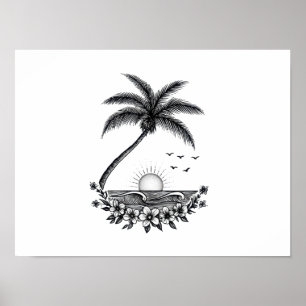Poster Pôr do Sol de Palma Tropical – Arte de Linha Minim