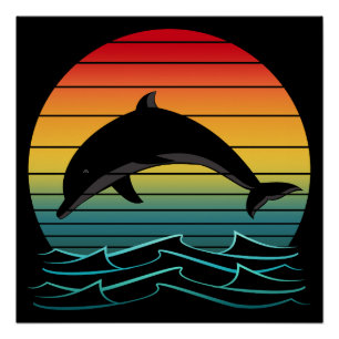 Póster Pôr do sol do golfinho vintage oceano