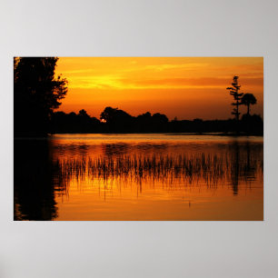 Póster Por do sol dourado atrás de um lago