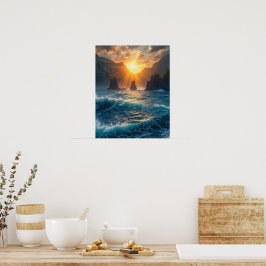 Poster Pôr do Sol Dourado Montanha Costeira Natureza