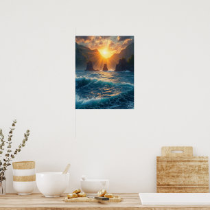 Poster Pôr do Sol Dourado Montanha Costeira Natureza