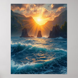 Poster Pôr do Sol Dourado Montanha Costeira Natureza