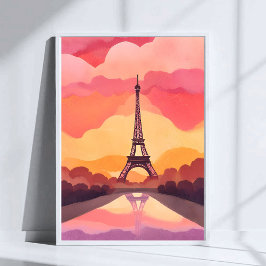 Poster Pôr do Sol em Paris | Torre Eiffel França Aquarela