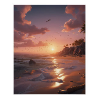 Póster pôr do sol em uma praia tropical