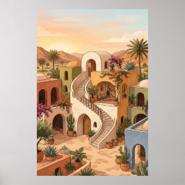 Poster Pôr do Sol em Vila do Deserto Arte - Casas Colorid