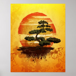 Poster Por do sol japonês da árvore dos bonsais