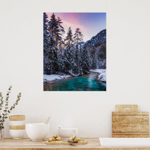 Poster Pôr do sol mágico rio turquesa Mojstrana, Eslovêni