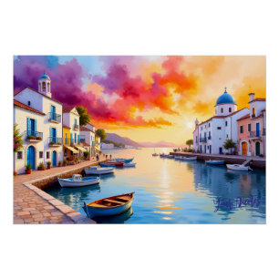 Póster Pôr do Sol na Aldeia Costeira Mediterrânea