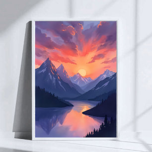 Poster Pôr do sol na cordilheira Paisagem de lago em aq