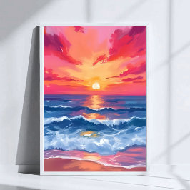 Poster Pôr do Sol na Costa Fuchsia | Aquarela de Ondas Oc