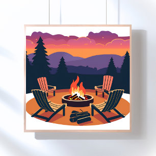 Poster Pôr do sol na fogueira Pintura de Camping na Nat