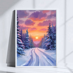 Poster Pôr do Sol na Neve Paisagem Montanhosa de Invern