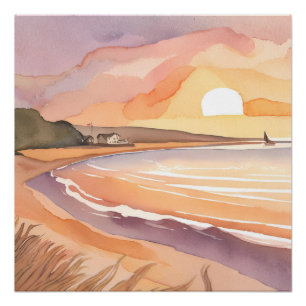 Póster Pôr do Sol na Praia   Bela Pintura em Aquarela