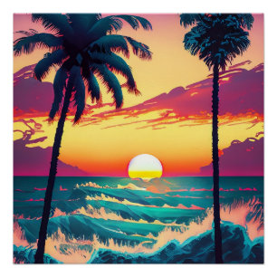 Póster Pôr do sol na praia com palmeiras pintando