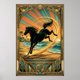 Poster Pôr do sol na praia de cavalo selvagem Art Deco Te