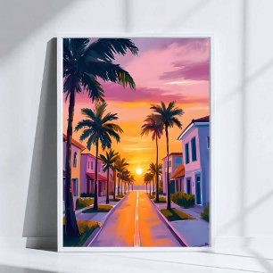 Poster Pôr do sol na Praia de Miami Aquarela do Oceano