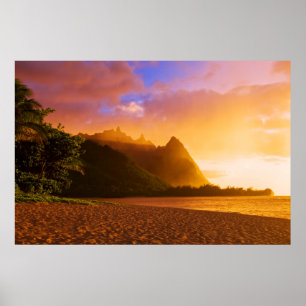 Póster Pôr do sol na praia dourada, Havaí