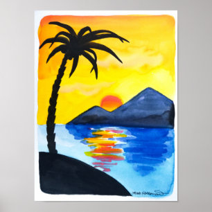 Poster Por do sol na praia - ilustração da aguarela