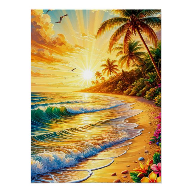 Póster Pôr do sol na praia tropical com palmeiras (Frente)