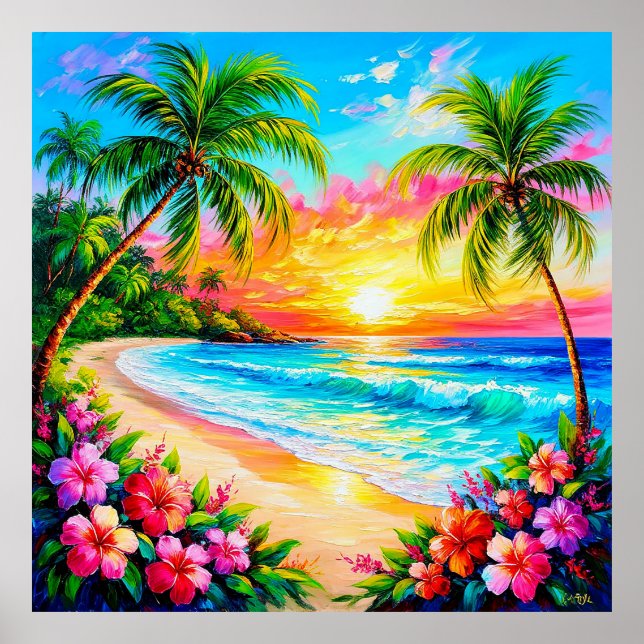 Poster Pôr do Sol na Praia Tropical Exótica Costeira (Frente)
