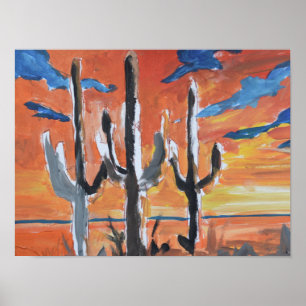 Poster Pôr do Sol Neo-Expressionista no Deserto Saguaro