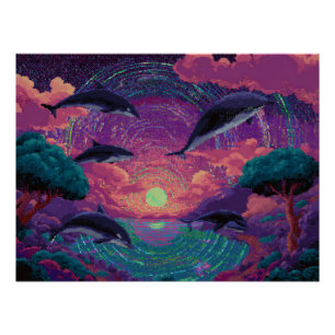 Póster Pôr do Sol Neon com Golfinhos no Paraíso Tropical