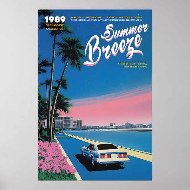 Poster Pôr do Sol Neon Miami Arte Impressa 80s Retro Verã (Frente)