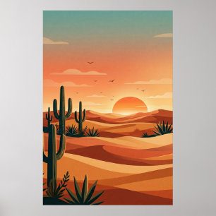Poster Pôr do sol no deserto Boho com dunas e cacto & pás