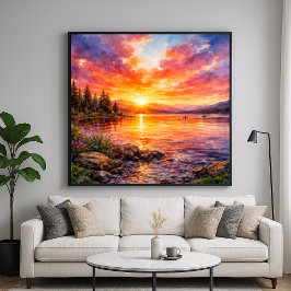 Poster Pôr do Sol no Lago - Estilo de Pintura aquarela