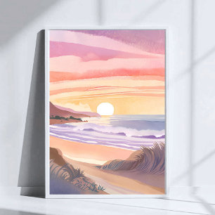 Poster Pôr do Sol no Mar Cor de Rosa Pintura em Aquarel