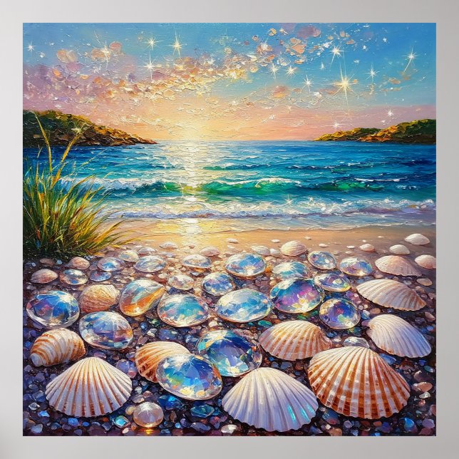 Poster Pôr do Sol no Oceano com Conchas e Joias Refletind (Frente)