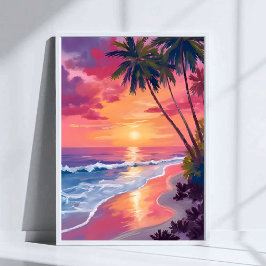 Poster Pôr do Sol no Paraíso | Praia Tropical Rosa em Aqu