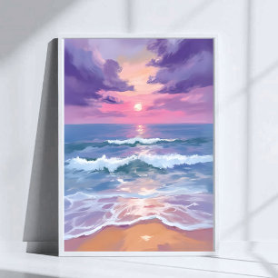 Poster Pôr do Sol no Tom de Lavanda Roxo na Praia em Aqua
