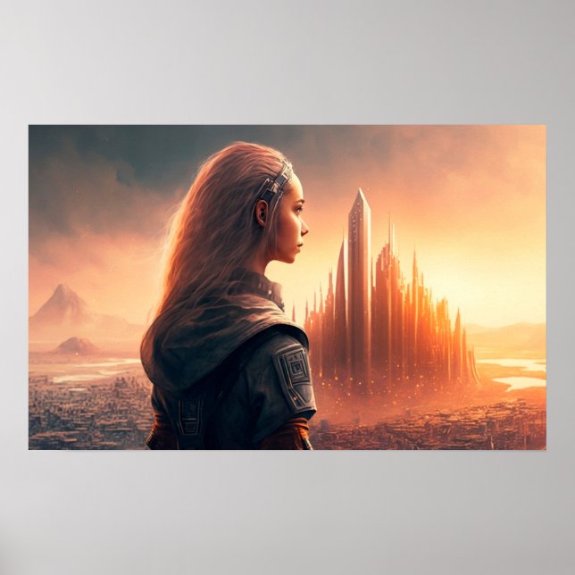 Poster Pôr do sol numa cidade do futuro (Frente)