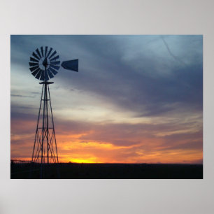 Póster Por do sol ocidental e moinho de vento de Kansas