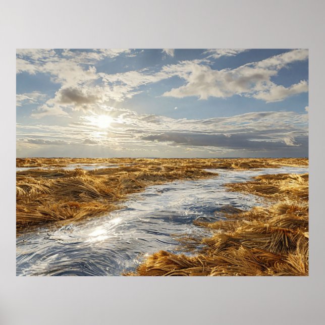 Poster Pôr do Sol Pacífico Sobre Campo de Grãos Dourados (Frente)