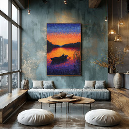Poster Pôr do sol pontilhista com barco a remo no lago