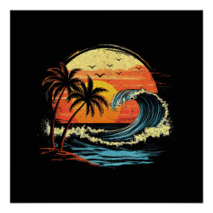 Póster Pôr do sol retrô tropical vintage palmeira da prai