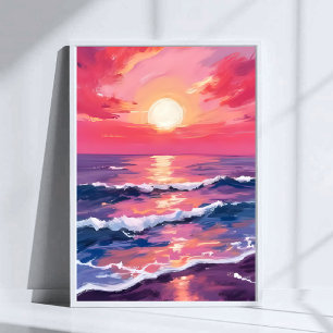 Poster Pôr do sol rosa ondas do oceano roxo aquarela