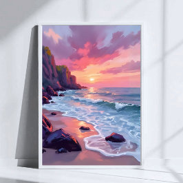 Poster Pôr do sol Rosa Pastel Ondas do Oceano da Praia Aq