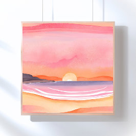 Poster Pôr do sol rosa | Pintura do céu da praia em aquar