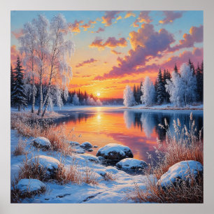 Poster Pôr do sol sereno de inverno sobre uma floresta ne