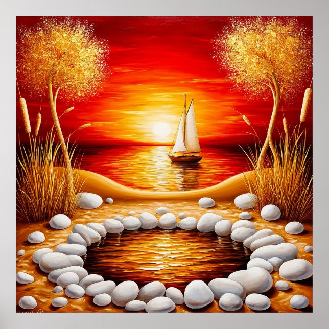 Poster Pôr do Sol Sereno Sobre um Lago Com Barco à Vela (Frente)