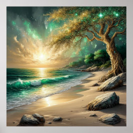 Poster Pôr do sol sobre a praia tranquila com árvore míst