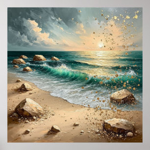Poster Pôr do Sol Sobre as Ondas do Oceano e Costa Rochos