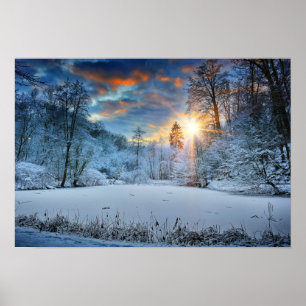 Póster Por do sol sobre o lago forest do inverno