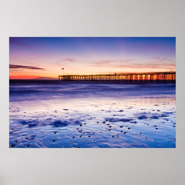 Poster Pôr do sol sobre o píer e a praia de Ventura (Frente)