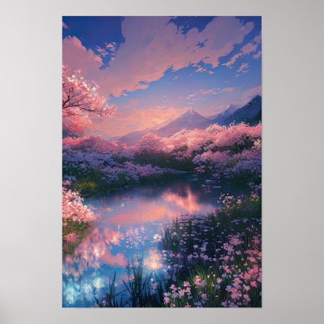 Poster Pôr do Sol sobre o Pond da Cherry Serene (Frente)