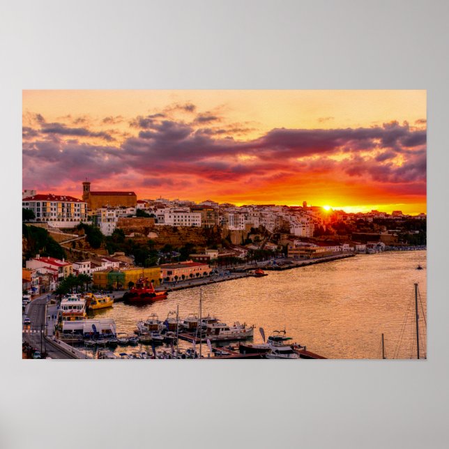 Poster Pôr do sol sobre o porto de Mahon - Menorca, Espan (Frente)