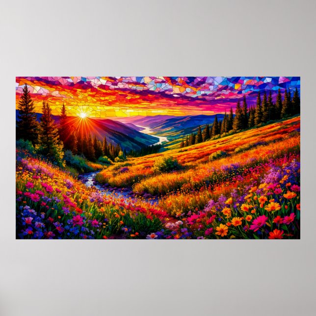 Poster Pôr do Sol Sobre Prado de Flores Silvestres 🌅 Mos (Frente)